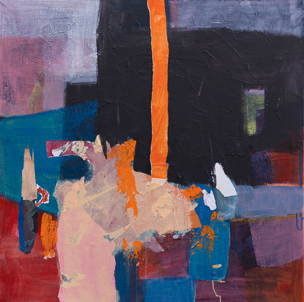<b>#89</b><br><i>2025</i><br>Acrylique et papier collé sur toile<br>90 x 90 cm